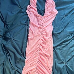 Pink Ruched Halter Dress